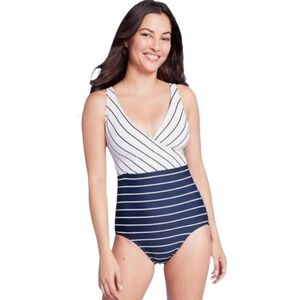 kona sol women's striped v-neck one piece swimsuit size M